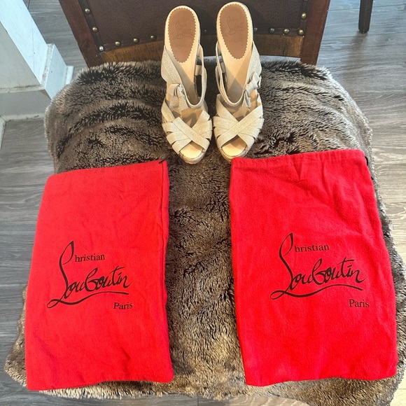 Christian Louboutin Shoes - Christian Louboutin Gold Metallic Canvas Delfin 120 Espadrille Wedges Shoes, 38